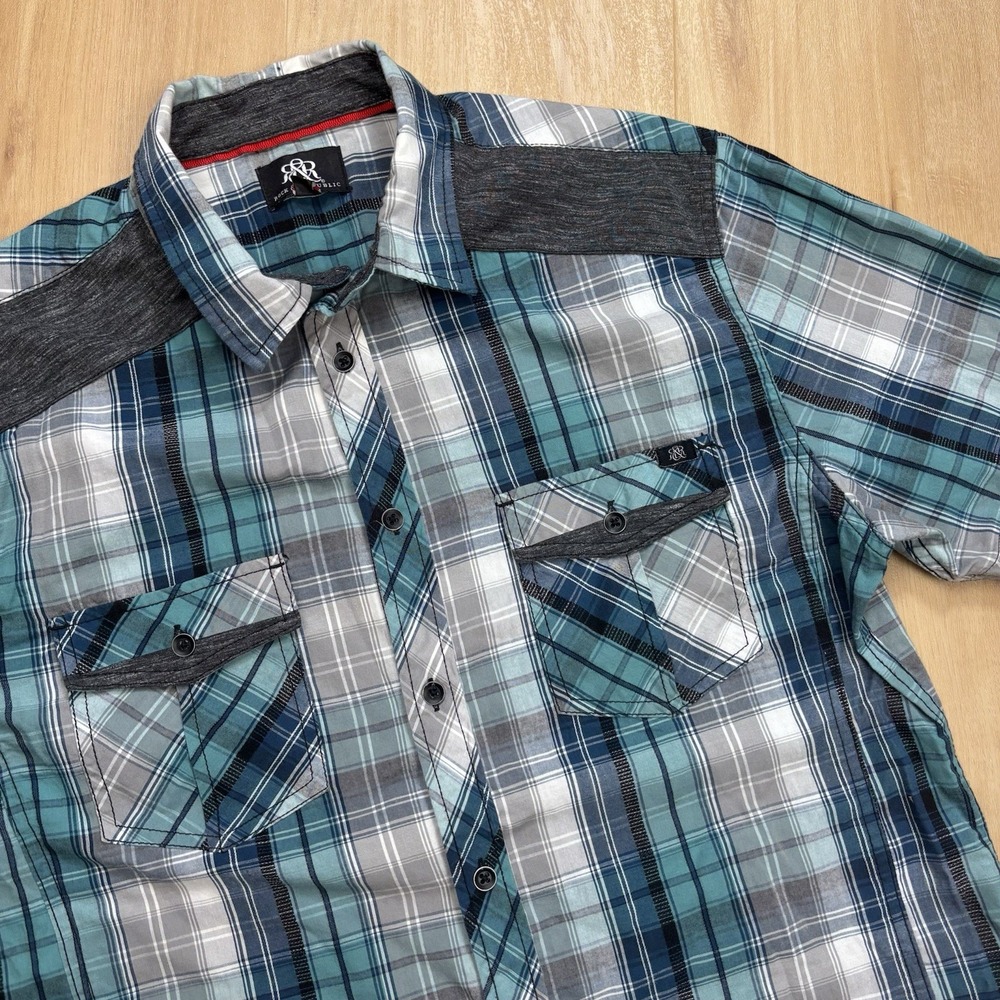 Y2K Rock & Republic Mens Size L Plaid Green Short Sleeve Shirt  Button Up